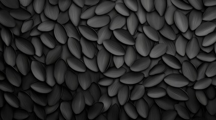 A close-up view of dark, smooth seeds arranged closely together, creating a textured, monochromatic pattern.