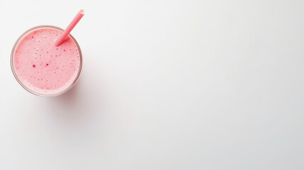 Aerial view of a refreshing glass of strawberry milk with a colorful straw perfect for a summer beverage enjoyment