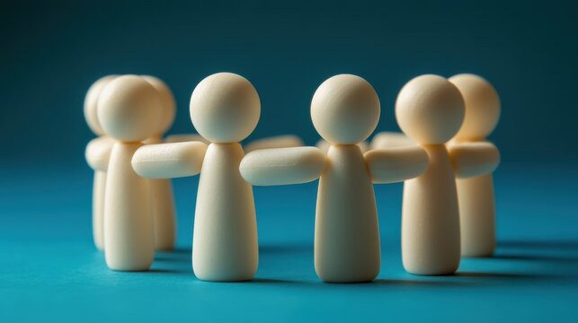 Wooden figurines forming a circle, symbolizing unity and community. A serene image with a calming blue background.