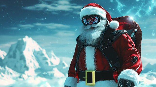 Futuristic Santa suit enhanced with nanotechnology that adapts to extreme weather conditions