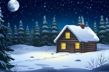 Naklejka premium Cozy log cabin under a starry night sky in a snowy landscape with pine trees and a glowing moon
