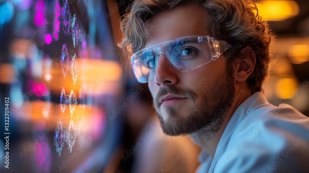 Fototapete A researcher examines a simulation displaying quantum states and entangled qubits, highlighting concepts like superposition and decoherence in a high-tech lab environment.