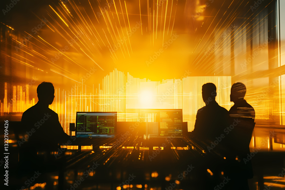 Poster illuminated insight: silhouette of a business team analyzing data, bathed in radiant light and a sen