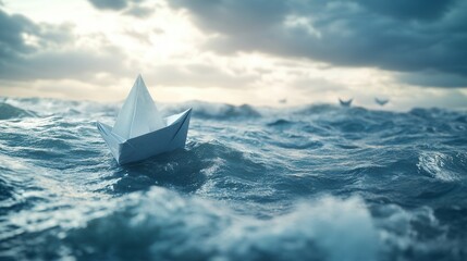 Paper boat navigates challenging waves in open sea, symbolizing courage and adventure against the backdrop of limitless horizons