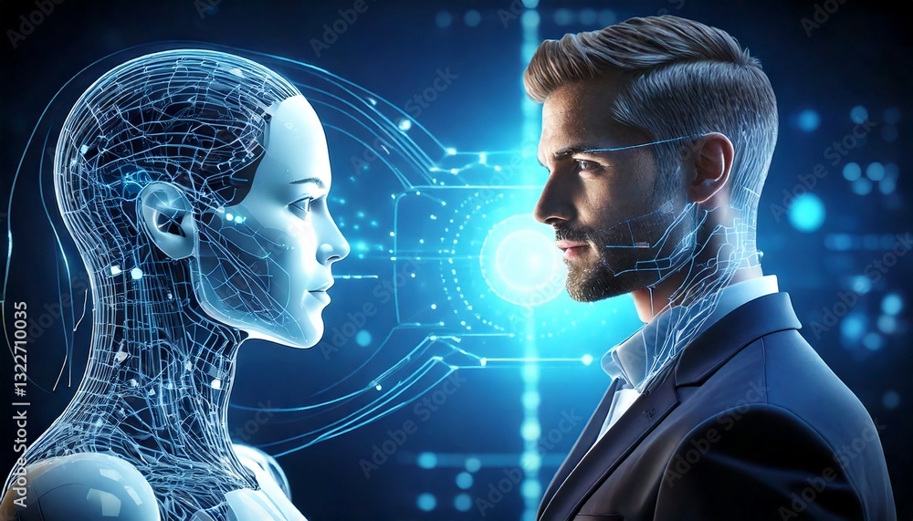 Aufkleber virtual ai avatar interacting with a human user, futuristic interface, glowing elements, and copy sp