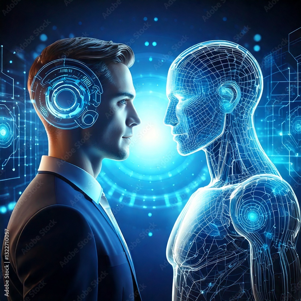 Aufkleber virtual ai avatar interacting with a human user, futuristic interface, glowing elements, and copy sp