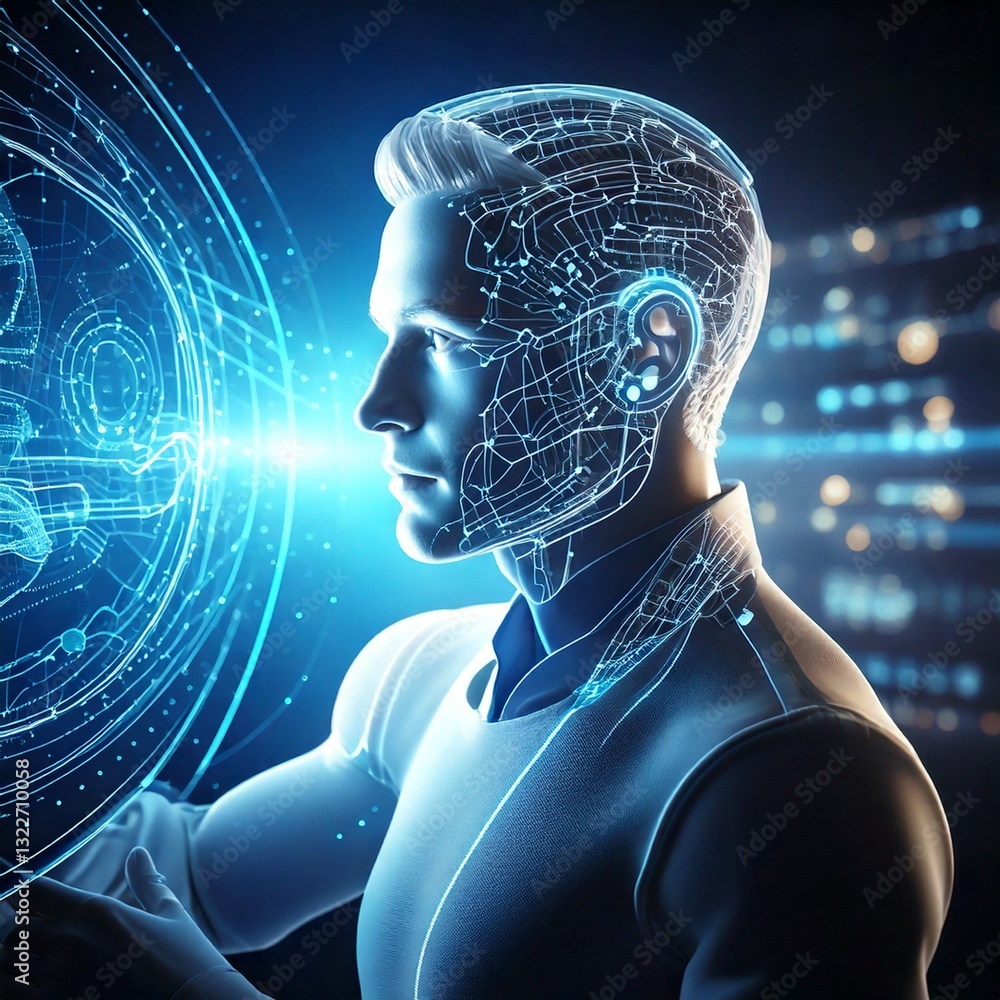 Aufkleber virtual ai avatar interacting with a human user, futuristic interface, glowing elements, and copy sp