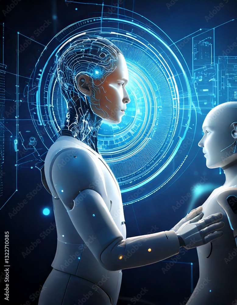 Aufkleber virtual ai avatar interacting with a human user, futuristic interface, glowing elements, and copy sp