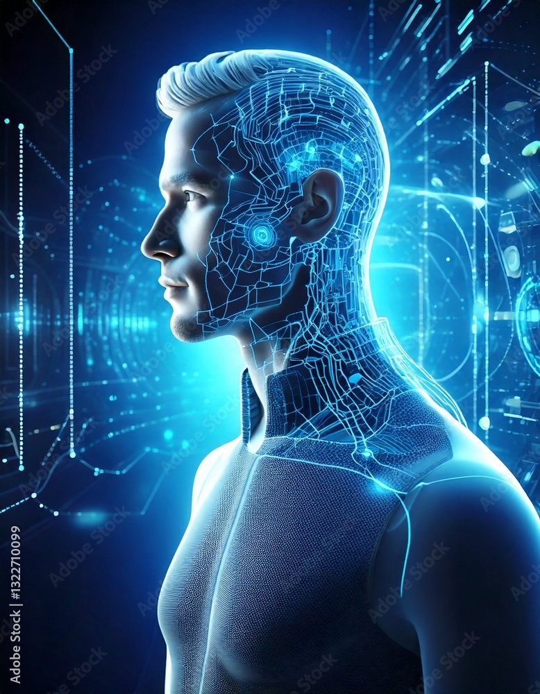 Aufkleber virtual ai avatar interacting with a human user, futuristic interface, glowing elements, and copy sp