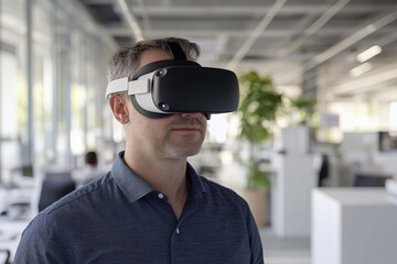 Professional using virtual reality headset in modern office environment during work hours for immersive experiences Generative AI