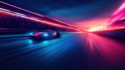 Futuristic race car speeding down a vibrant track at sunset.  Neon lights illuminate the scene, creating a dynamic and energetic atmosphere.