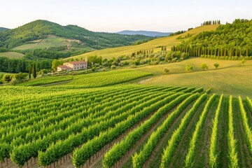 Scenic Vineyard Landscape at Sunset with Rolling Hills and Olive Trees