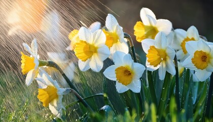 Vibrant White Yellow Daffodils Watered in Spring Sunshine with Shimmering Water Droplets, Capturing a Breezy and Fresh Mood of Natures Blooming Beauty