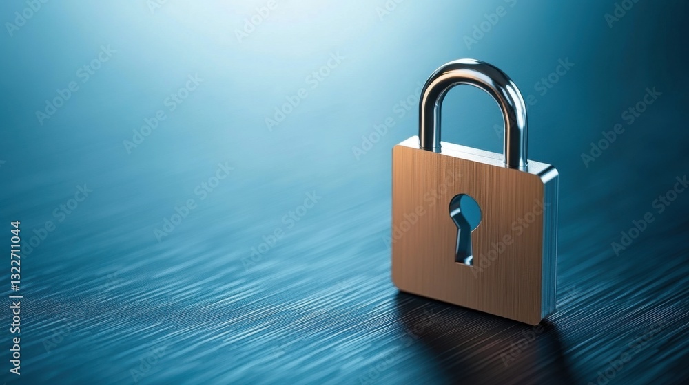 Poster close-up of a metallic padlock on a reflective surface with soft lighting creating a sense of securi