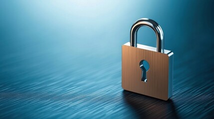 Naklejka premium Close-up of a metallic padlock on a reflective surface with soft lighting creating a sense of security and protection