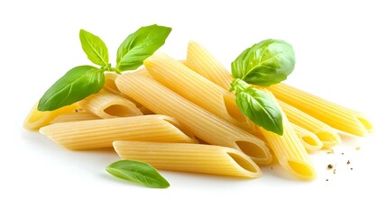 Penne Pasta with Basil isolated on white background