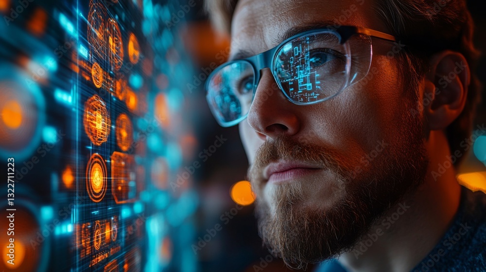 Poster A focused individual with glasses engages deeply with a digital interface displaying quantum algorithms and neural network visualizations.