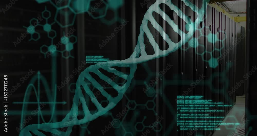Poster dna strand with binary coding, scientific data processing in animation