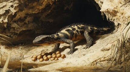 A lizard stands guarding its eggs near a sandy burrow opening