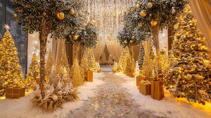 Golden themed Christmas celebration setup with elegantly decorated trees festive lights and a luxurious winter ambiance