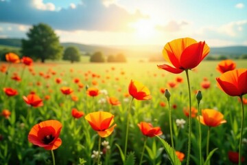 Vibrant wildflowers, poppies ablaze in sun-drenched meadow , spring, image