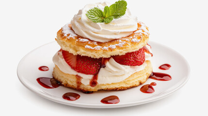 High-angle capture of homemade strawberry shortcake with fresh strawberries and whipped cream on a plate