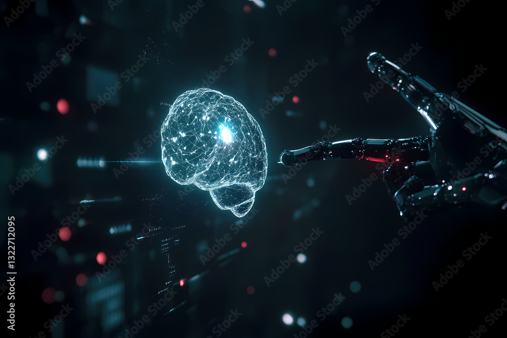 Poster cognitive connection: futuristic portrayal of a robotic arm interacting with a digital representatio