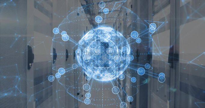 Animation of digital network globe with icons connecting over data center servers