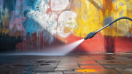 High-pressure water jet cleaning graffiti from a wall. The vibrant colors of the graffiti contrast with the powerful stream of water.