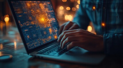 Person's hands typing on a laptop with a futuristic, digital circuit board design on the screen. Warm, ambient lighting creates a cozy atmosphere.