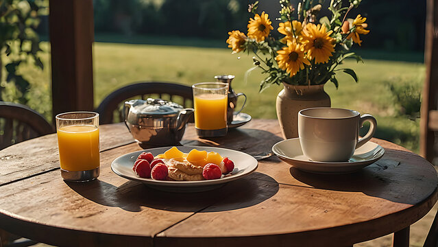 Cozy Breakfast Table with Delicious Morning Food - Fresh and Healthy Breakfast Spread in a Warm, Inviting Kitchen Setting