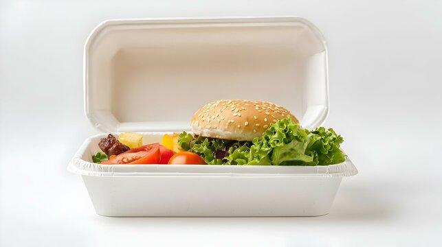 Burger in Takeout Container isolated on white background