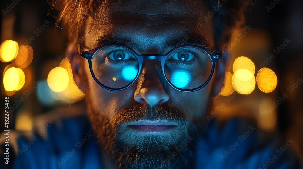 Poster An individual with glasses stares intently at a dataset related to quantum computing in a softly illuminated setting, highlighting concepts like superposition and decoherence.