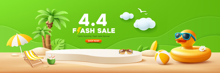 Summer flash sale podium, Duck yellow shaped inflatable ring, beach umbrella, coconut tree, banner design on sand beach green background, EPS 10 vector illustration