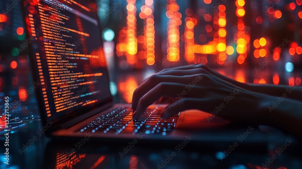 Aufkleber The focus is on a person typing on a laptop with glowing code on the screen, illustrating the intersection of quantum computing and cybersecurity in a dimly lit environment.