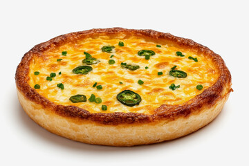 High-angle shot of a small rustic pizza on a white surface with colorful toppings perfect for a casual meal or snack