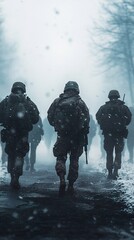 Soldiers Marching in Snowy Landscape: A War Scene