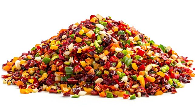 Heaps of chopped colorful capsicums over white