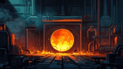Fiery industrial scene with a glowing furnace at the heart of a dark factory. Intense heat and glowing embers.