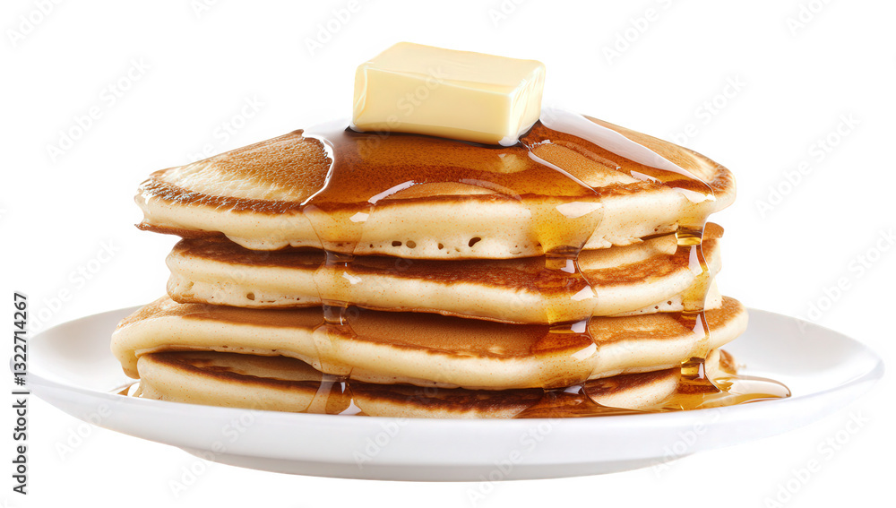 Poster a stack of fluffy pancakes topped with a pat of butter and drizzled with syrup served on a white pla