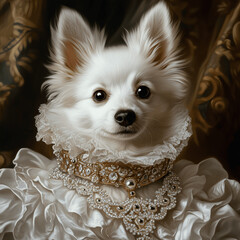 japanese spitz puppy in victorian dress 