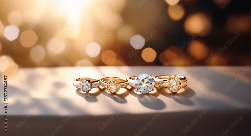 Poster golden rings adorned with diamonds of different sizes are presented on a shiny surface, illuminated 