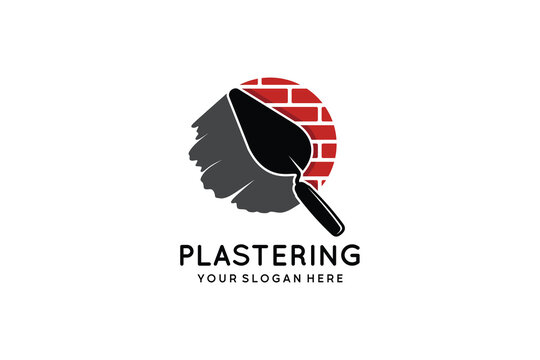 Brick wall plastering logo design with trowel silhouette symbol