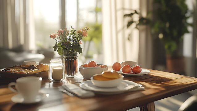 Cozy Breakfast Table with Delicious Morning Food - Fresh and Healthy Breakfast Spread in a Warm, Inviting Kitchen Setting