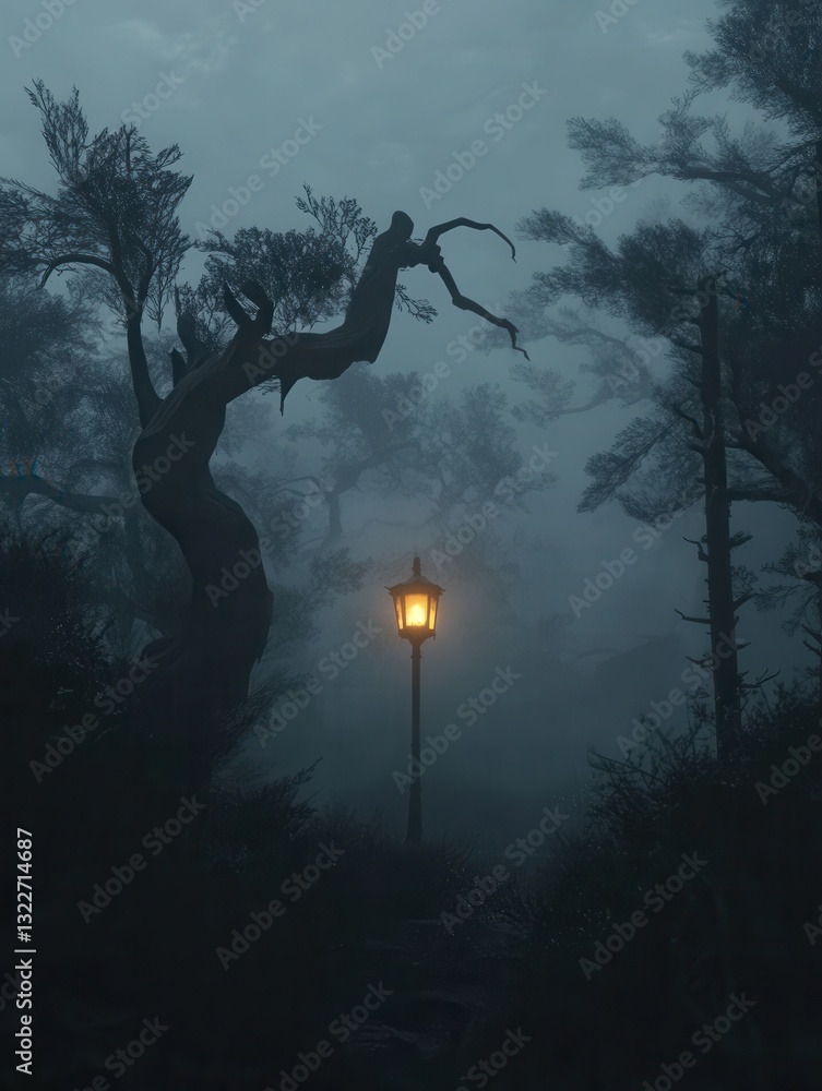 Aufkleber eerie fog envelops a dark forest with a glowing street lamp illuminating twisted trees