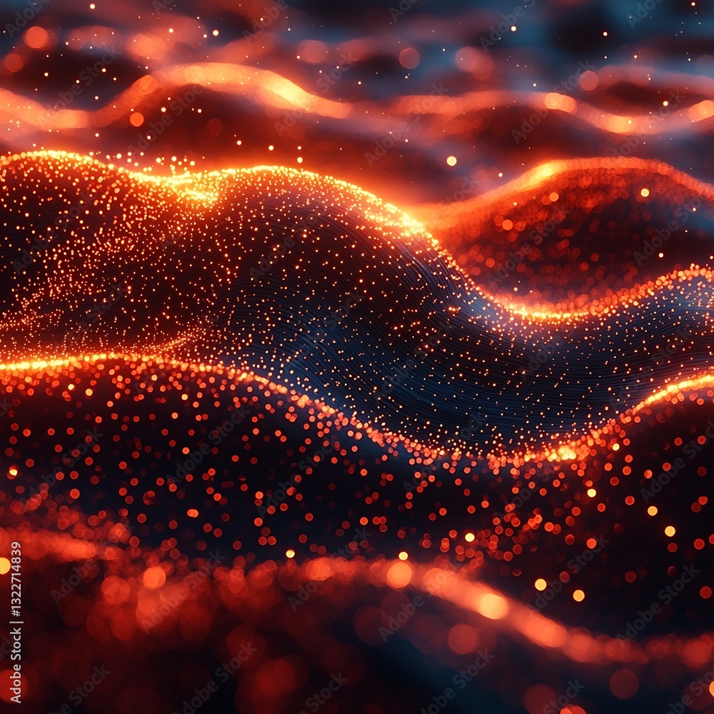 Poster abstract digital rendering showing glowing particles arranged in waves