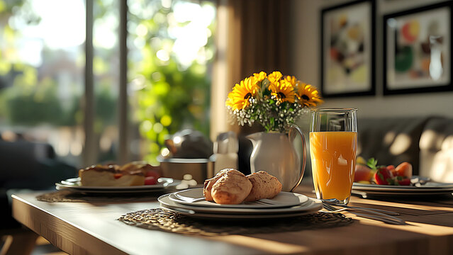Cozy Breakfast Table with Delicious Morning Food - Fresh and Healthy Breakfast Spread in a Warm, Inviting Kitchen Setting