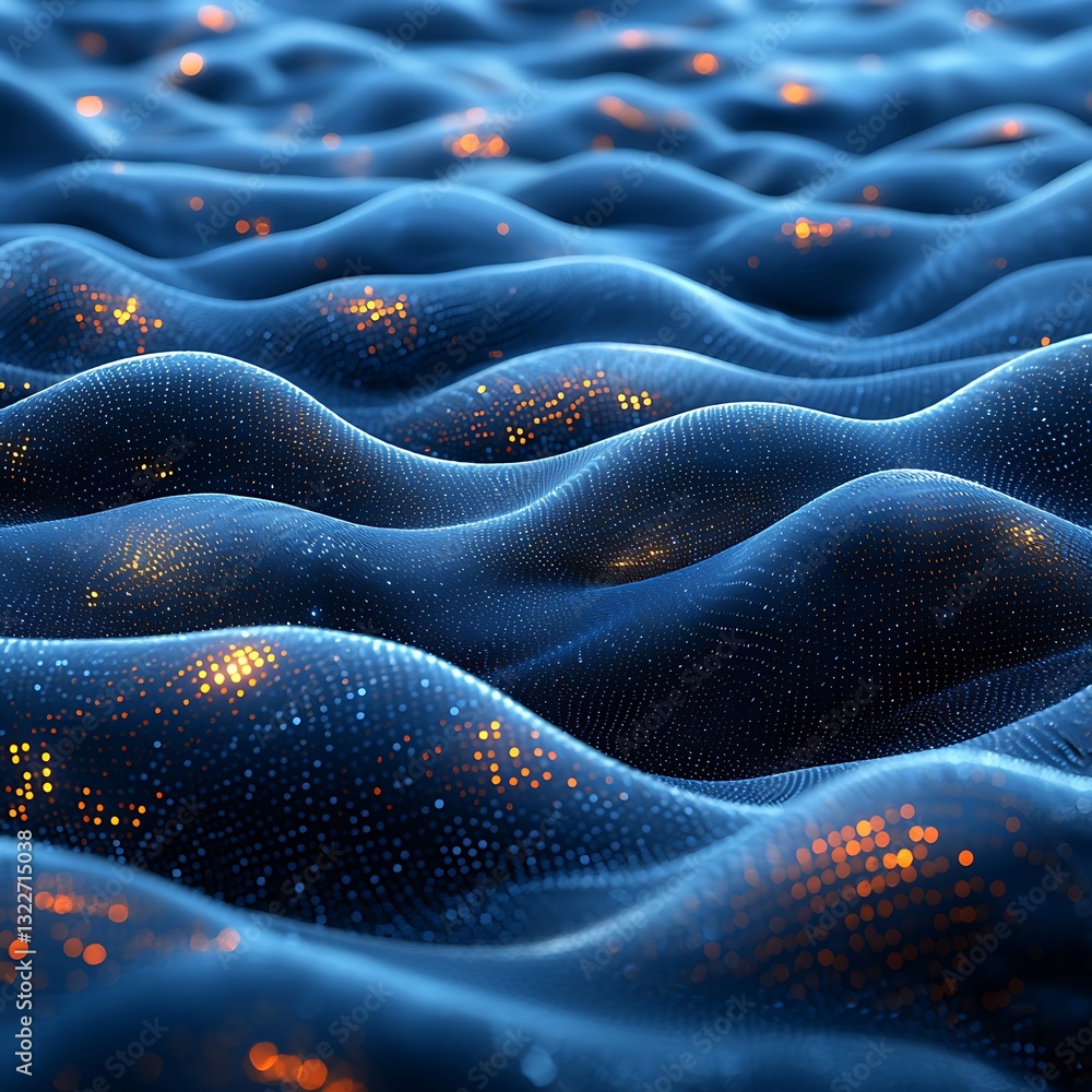 Poster abstract digital undulating surface with glowing golden points across its texture