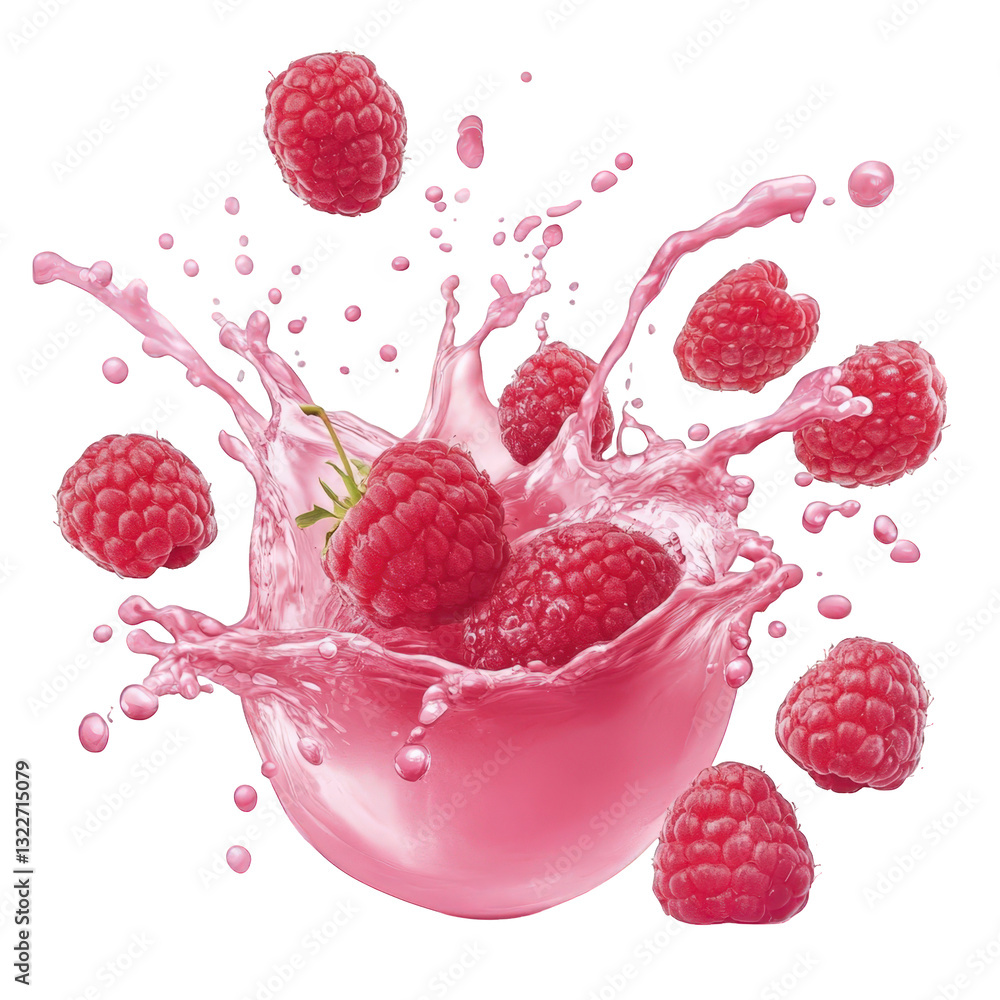 Poster fresh raspberries splashing into a pink liquid creating an energetic and vibrant visual effect empha