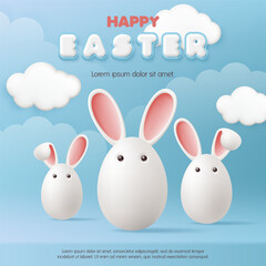 Happy Easter day greeting card and banner template. White egg with bunny ears on a blue background. Cute rabbit. Social media sale promotion poster, wallpaper. Vector